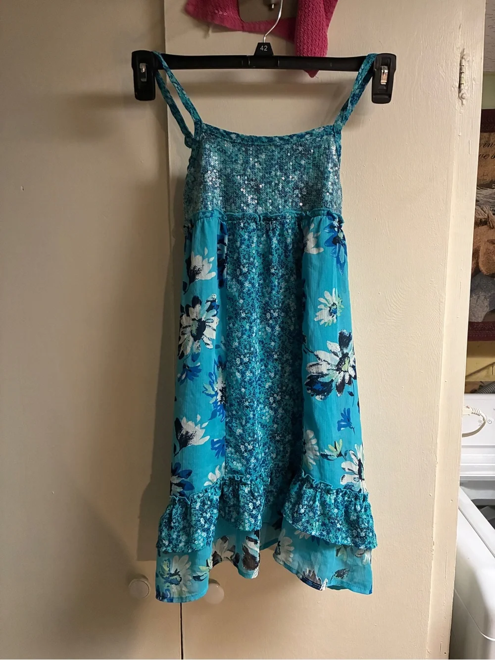 Justice brand girl's dress features a sequined bodice and a floral skirt. Size10